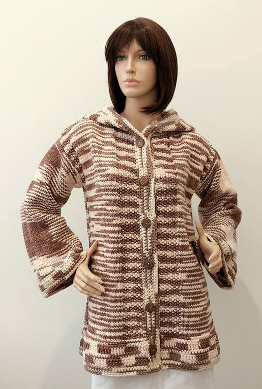Kardigan T s kapucí - hnědá, krémová/teplý odstín