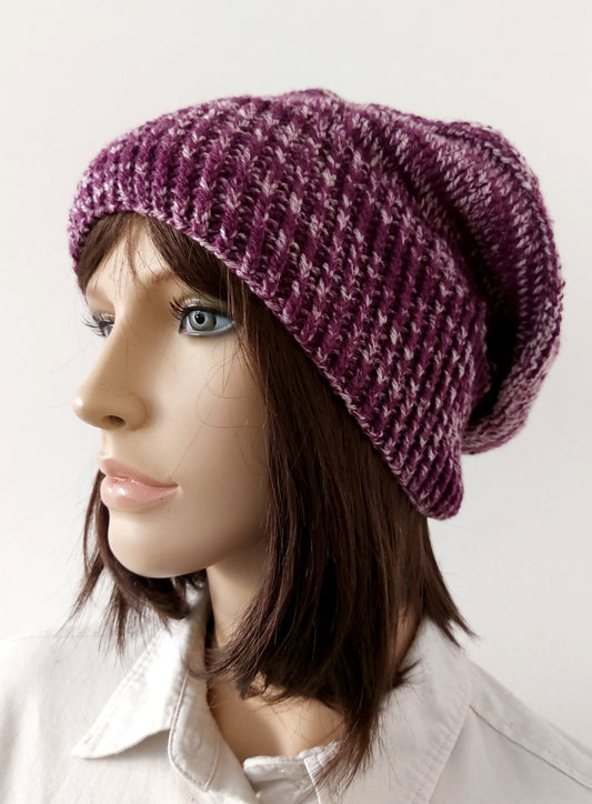 Čepice zimní, žíhaná - fialová,bílá