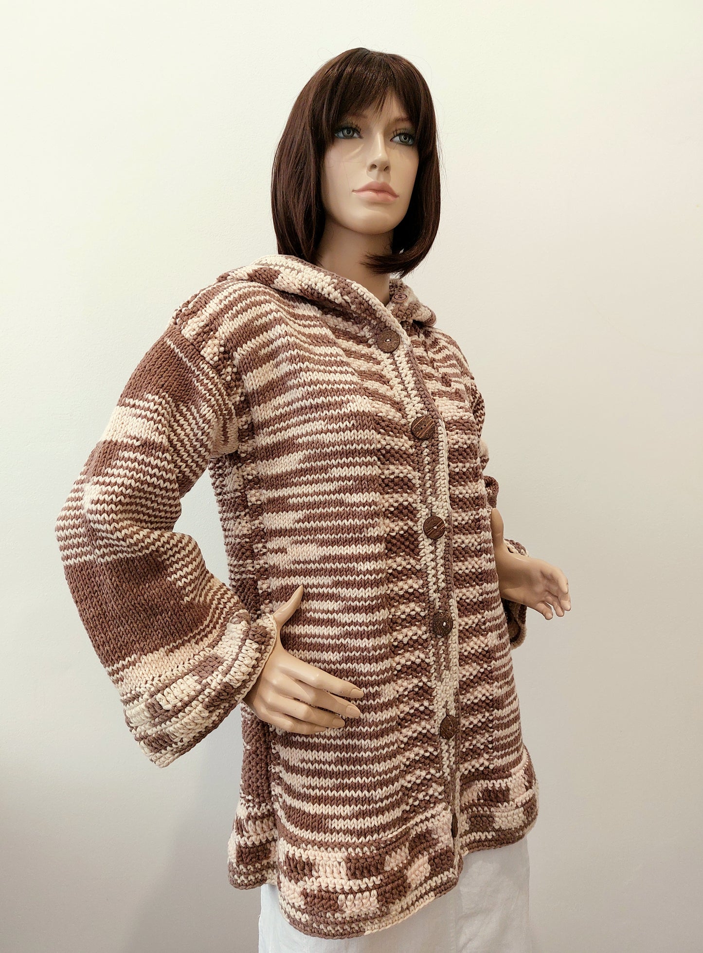 Kardigan T s kapucí - hnědá, krémová/teplý odstín