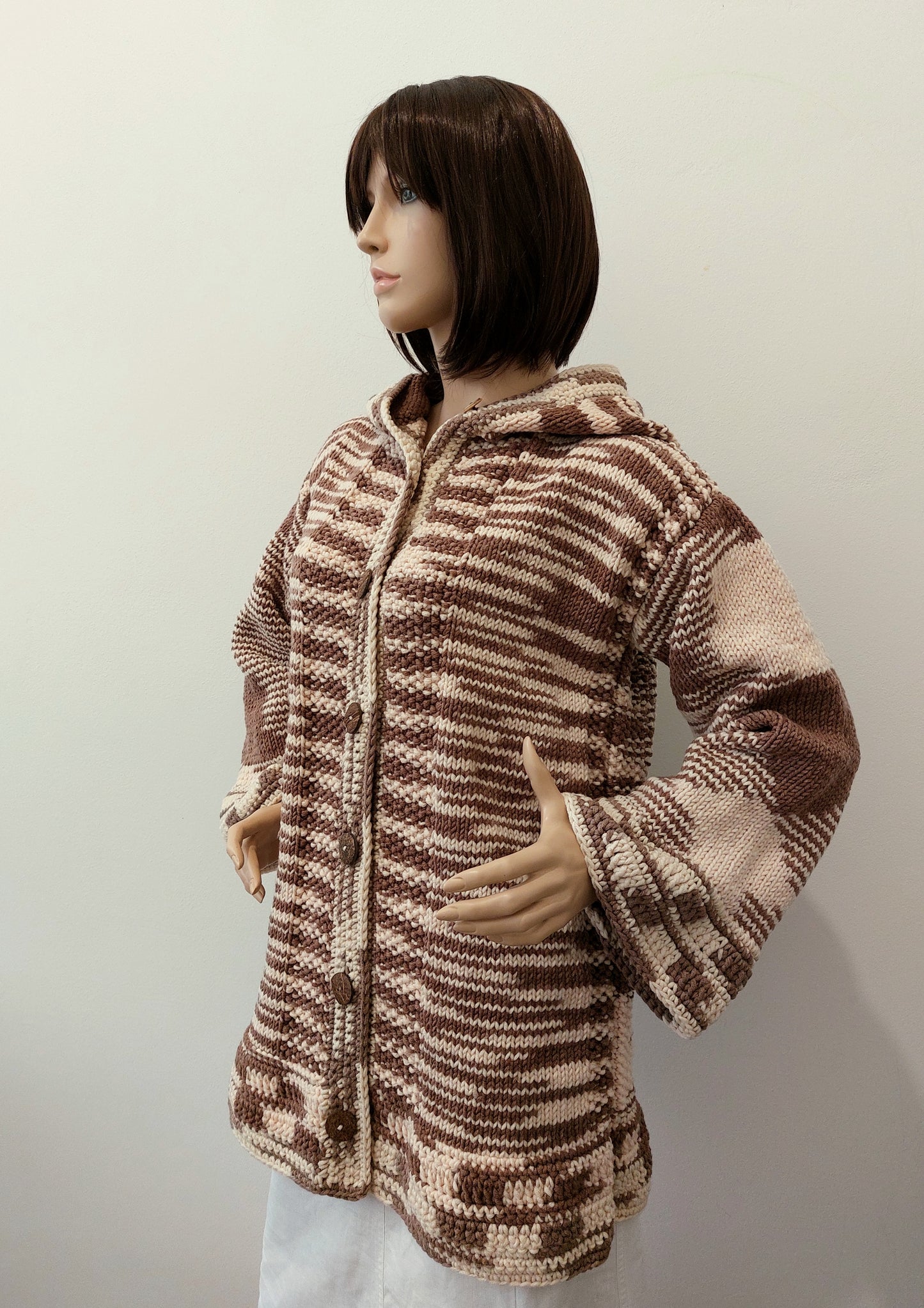 Kardigan T s kapucí - hnědá, krémová/teplý odstín