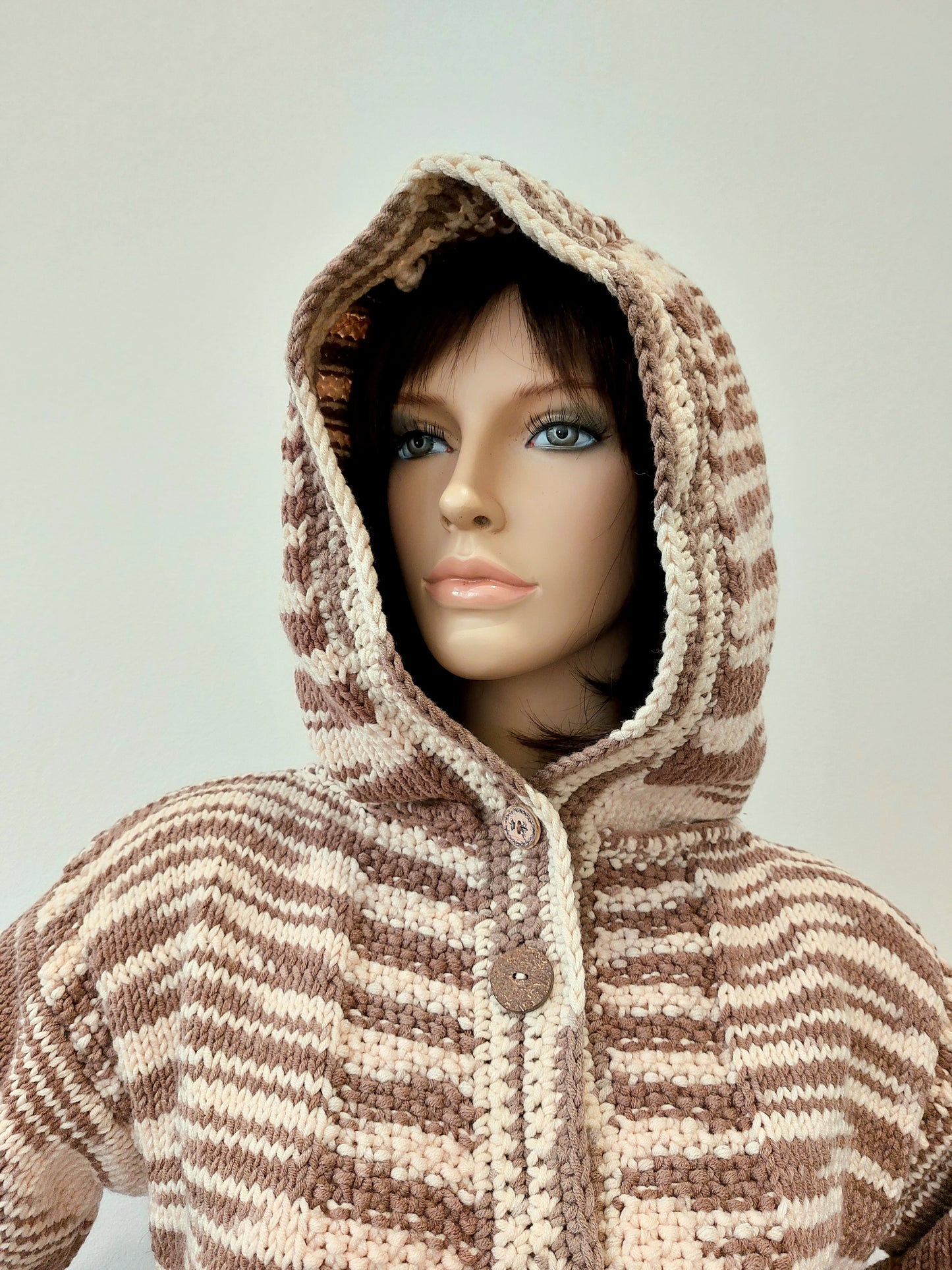 Kardigan T s kapucí - hnědá, krémová/teplý odstín